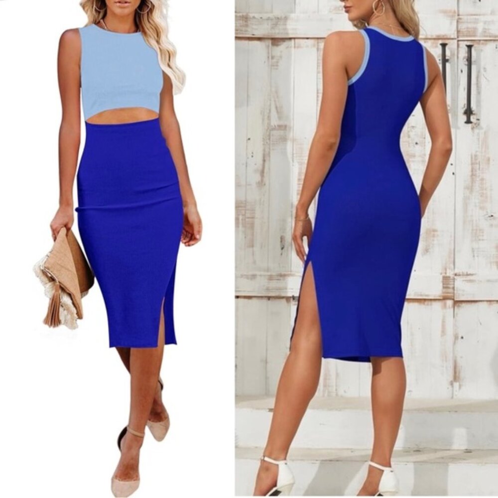 AUSELILY | Water & Royal Blue Bodycon Crew Neck Cutout Midi Dress | Size Small